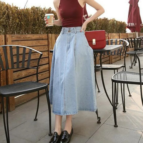 Vintage Denim Long Skirts High Waist Midi Skirt Loose A-Line Skirt-Denim Skirts-Arimonz-Arimonz