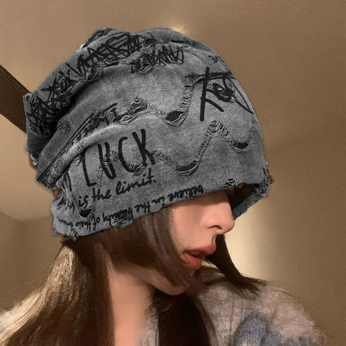 Vintage Distressed Beanie Letter Print Cracked Design Streetwear Hat-Winter Hats-Arimonz-Arimonz