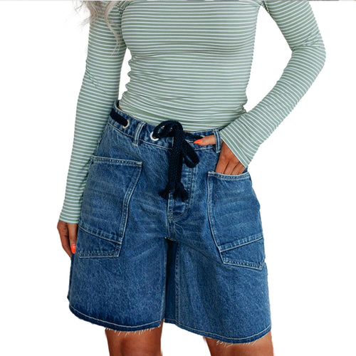 Vintage High-Waist Distressed Denim Shorts with Frayed Hem and Pockets-Denim Shorts-Arimonz-Deep Blue-M-Arimonz