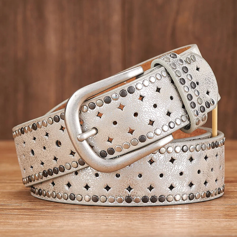 Vintage Lady Belt Original Design Hollow Out Rivet Wide Fashion Belt-Belts-Arimonz-Silver-95cm/37in-Arimonz