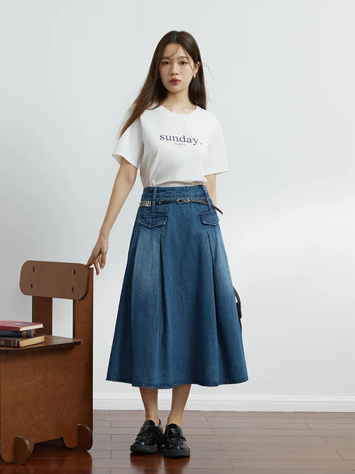 Vintage Pleated Denim Skirt Chic Designed Raw Denim Skirt with Belt-Denim Skirts-Arimonz-Arimonz