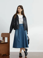 Vintage Pleated Denim Skirt Chic Designed Raw Denim Skirt with Belt-Denim Skirts-Arimonz-Arimonz