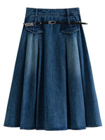 Vintage Pleated Denim Skirt Chic Designed Raw Denim Skirt with Belt-Denim Skirts-Arimonz-Arimonz