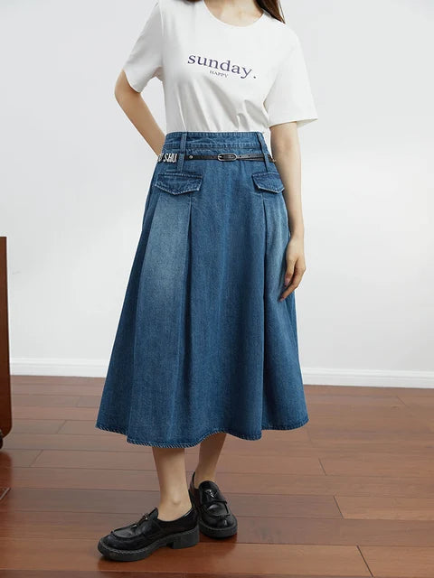 Vintage Pleated Denim Skirt Chic Designed Raw Denim Skirt with Belt-Denim Skirts-Arimonz-Denim Blue-4XL-Arimonz