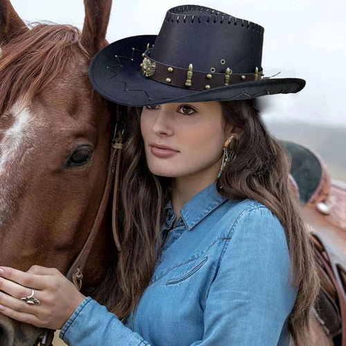 Vintage Rodeo Cowboy Hat Wide-Brim Wild West Cap Adjustable Chin Strap-Hats-Arimonz-Arimonz