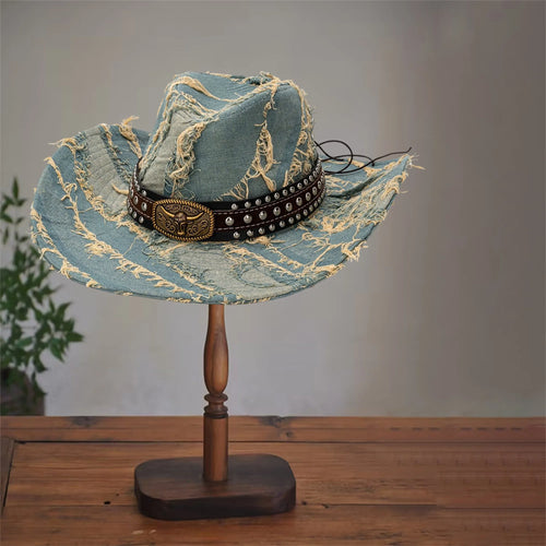 Vintage Style Denim Cowboy Hat with Belted and Distressed Wide Brim-Hats-Arimonz-Arimonz