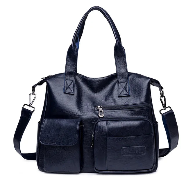 Vintage Style Shoulder Bag for Women PU Leather Big Casual Tote Handbag-Handbags-Arimonz-Blue-Arimonz