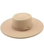 Vintage Wide Brim Wool Boater Felt Hat Flat Top Fedora with Bowknot-Hats-Arimonz-beige-22in-Arimonz