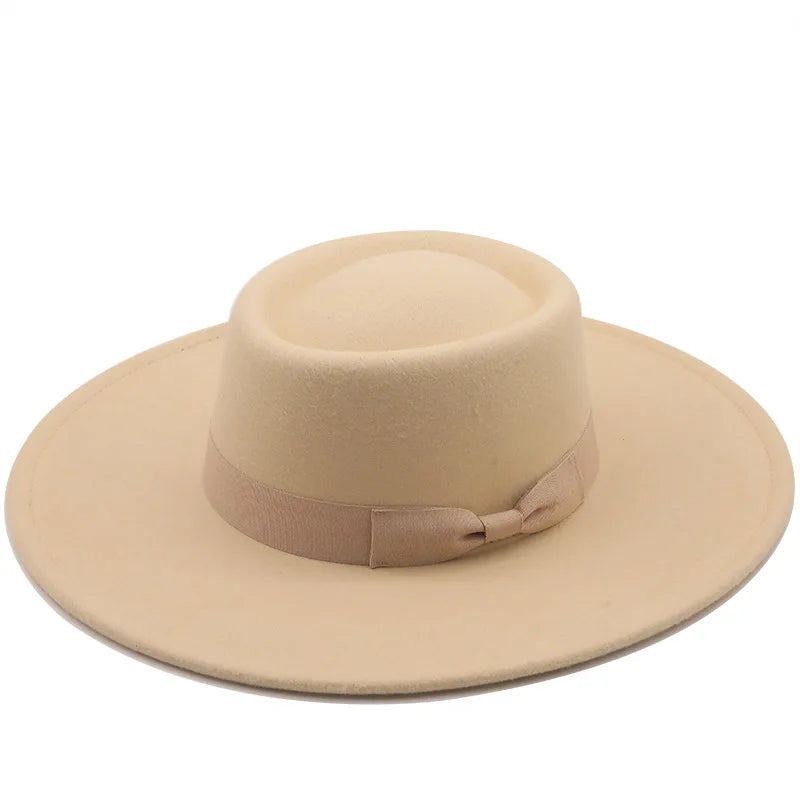 Vintage Wide Brim Wool Boater Felt Hat Flat Top Fedora with Bowknot-Hats-Arimonz-beige-22in-Arimonz