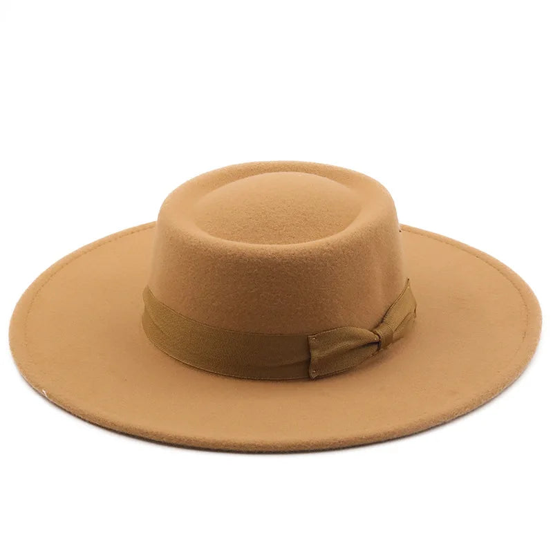 Vintage Wide Brim Wool Boater Felt Hat Flat Top Fedora with Bowknot-Hats-Arimonz-camel-22in-Arimonz
