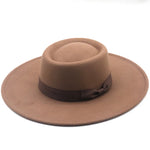 Vintage Wide Brim Wool Boater Felt Hat Flat Top Fedora with Bowknot-Hats-Arimonz-khaki-22in-Arimonz