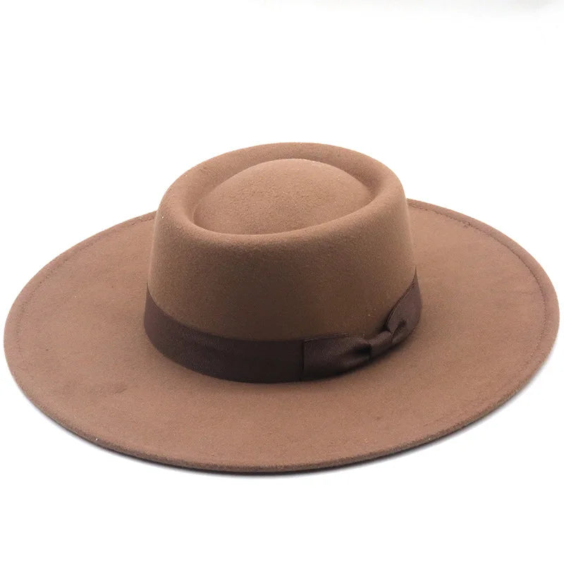 Vintage Wide Brim Wool Boater Felt Hat Flat Top Fedora with Bowknot-Hats-Arimonz-khaki-22in-Arimonz