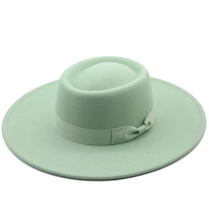Vintage Wide Brim Wool Boater Felt Hat Flat Top Fedora with Bowknot-Hats-Arimonz-Mint green-22in-Arimonz