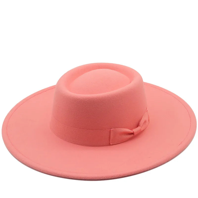 Vintage Wide Brim Wool Boater Felt Hat Flat Top Fedora with Bowknot-Hats-Arimonz-Watermelon red-22in-Arimonz