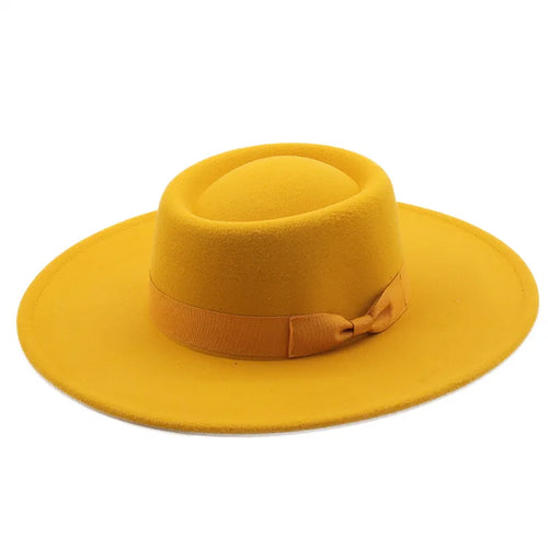 Vintage Wide Brim Wool Boater Felt Hat Flat Top Fedora with Bowknot-Hats-Arimonz-Arimonz