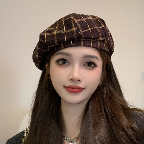 Vintage Winter Plaid Beret British Flat Painter Cap Autumn Winter Hat-Winter Hats-Arimonz-Arimonz