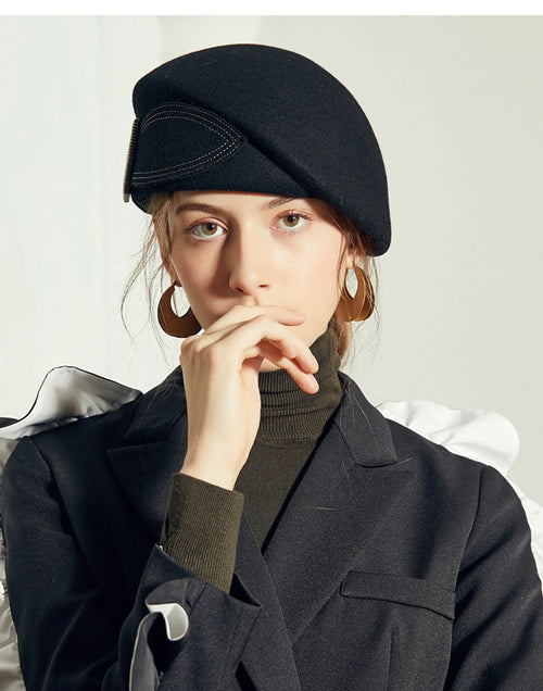 Vintage Wool Felt Cloche Hat Wide Brim Bowler Fedora with Bow Cap-Hats-Arimonz-Black-21-22in-Arimonz