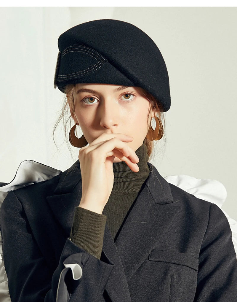 Vintage Wool Felt Cloche Hat Wide Brim Bowler Fedora with Bow Cap-Hats-Arimonz-Black-21-22in-Arimonz
