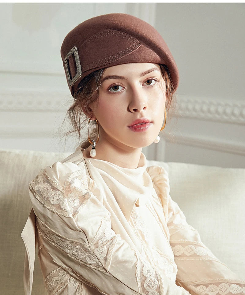 Vintage Wool Felt Cloche Hat Wide Brim Bowler Fedora with Bow Cap-Hats-Arimonz-Khaki-21-22in-Arimonz