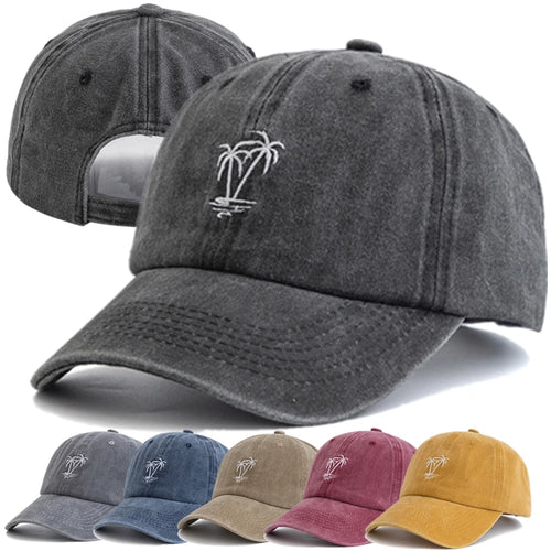 Washed Cotton Coconut Tree Embroidery Vintage Baseball Snapback Cap-Women's Caps-Arimonz-Arimonz