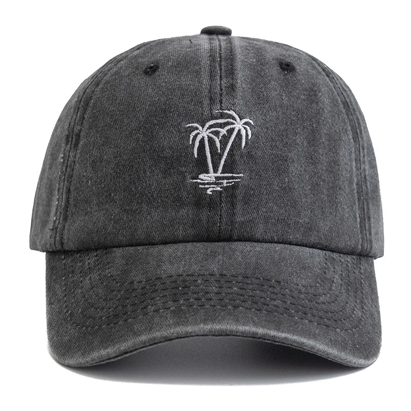 Washed Cotton Coconut Tree Embroidery Vintage Baseball Snapback Cap-Women's Caps-Arimonz-Arimonz