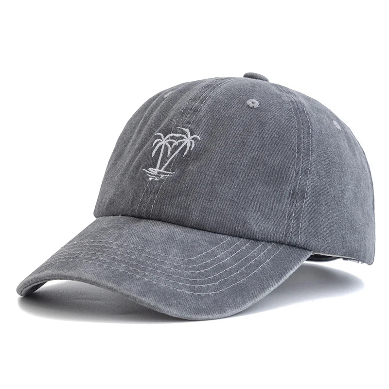 Washed Cotton Coconut Tree Embroidery Vintage Baseball Snapback Cap-Women's Caps-Arimonz-Grey-22-23in-Arimonz