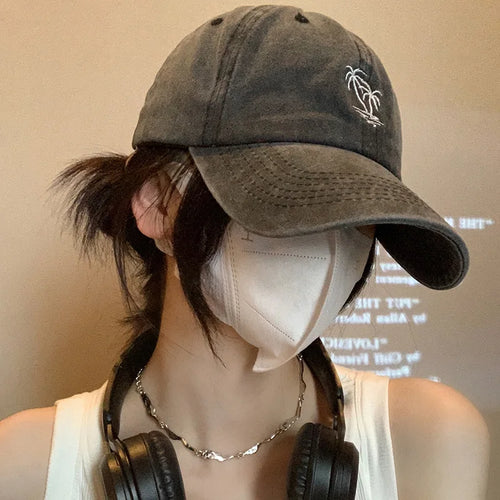 Washed Cotton Coconut Tree Embroidery Vintage Baseball Snapback Cap-Women's Caps-Arimonz-Arimonz