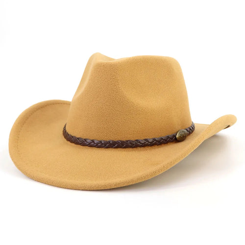 Western Cowboy Woolen Fedoras Hat Wide Brim Elegant Felt Cap-Hats-Arimonz-Camel-22in-Arimonz