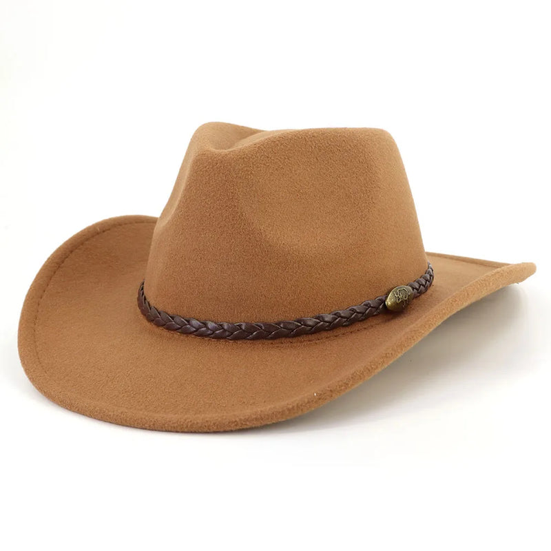 Western Cowboy Woolen Fedoras Hat Wide Brim Elegant Felt Cap-Hats-Arimonz-Khaki-22in-Arimonz