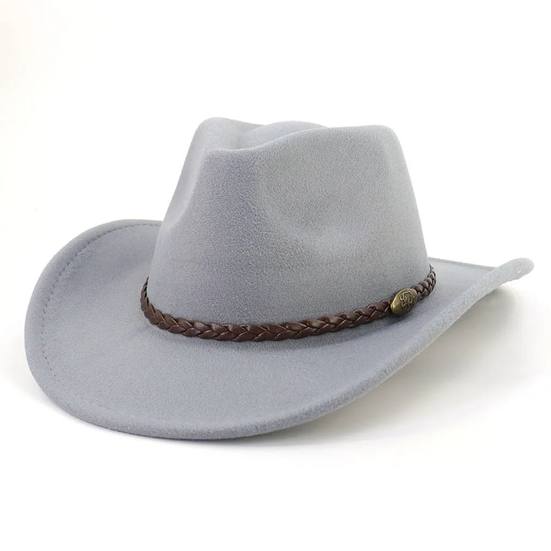 Western Cowboy Woolen Fedoras Hat Wide Brim Elegant Felt Cap-Hats-Arimonz-Light Grey-22in-Arimonz