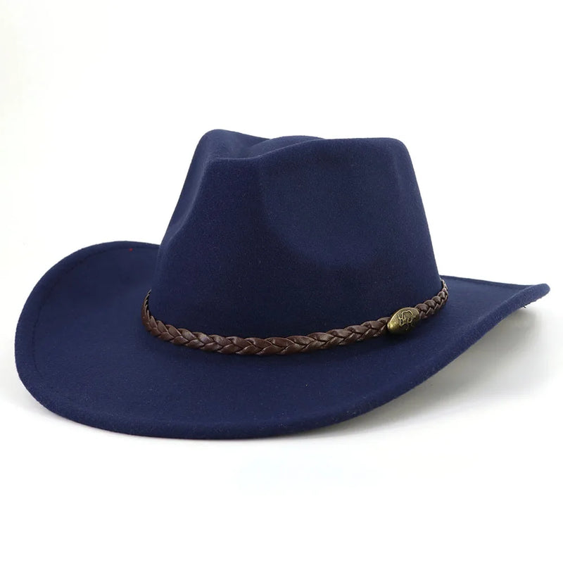 Western Cowboy Woolen Fedoras Hat Wide Brim Elegant Felt Cap-Hats-Arimonz-Navy blue-22in-Arimonz