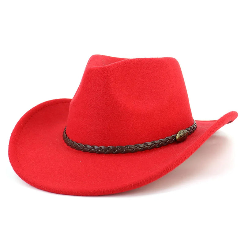 Western Cowboy Woolen Fedoras Hat Wide Brim Elegant Felt Cap-Hats-Arimonz-Red-22in-Arimonz
