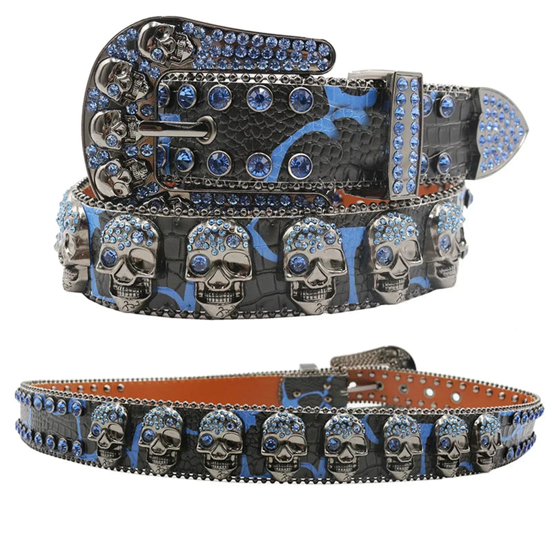 Western Rhinestone Skull Belt Crystal Studded Luxury Pin Buckle Belt-Belts-Arimonz-5Skull-HW-Blue-105cm/41inches-Arimonz