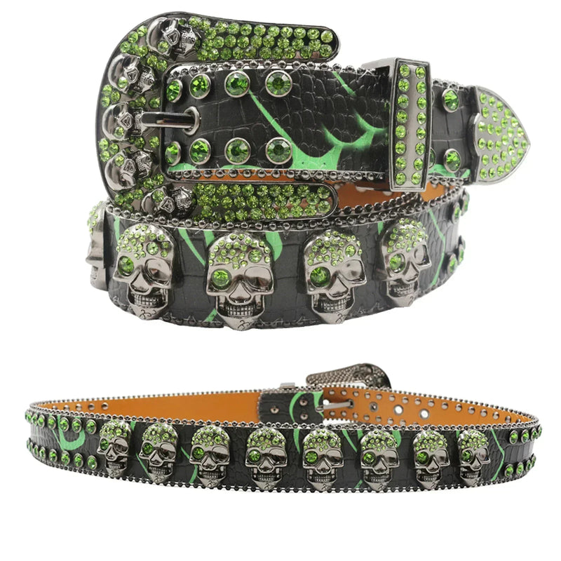 Western Rhinestone Skull Belt Crystal Studded Luxury Pin Buckle Belt-Belts-Arimonz-5Skull-HW-Green-105cm/41inches-Arimonz