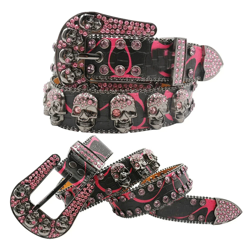 Western Rhinestone Skull Belt Crystal Studded Luxury Pin Buckle Belt-Belts-Arimonz-5Skull-HW-Pink-105cm/41inches-Arimonz