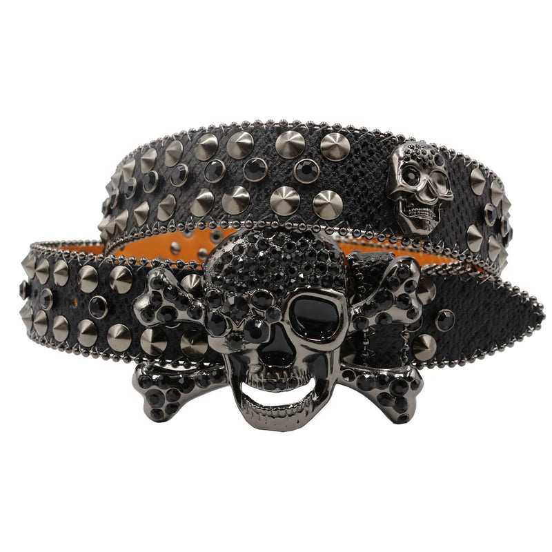 Western Rhinestone Skull Belt Crystal Studded Luxury Pin Buckle Belt-Belts-Arimonz-JD-KLT-Black-105cm/41inches-Arimonz