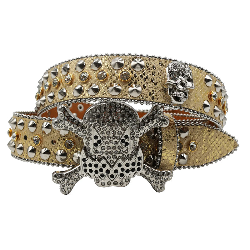 Western Rhinestone Skull Belt Crystal Studded Luxury Pin Buckle Belt-Belts-Arimonz-JD-KT-Gold-105cm/41inches-Arimonz