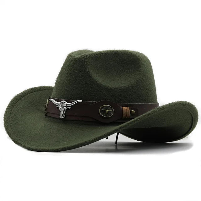 Western Roll Brim Cowboy Fedora Felt Hat with Cow Band for All Ages-Hats-Arimonz-army green-Adults 21-22in-Arimonz