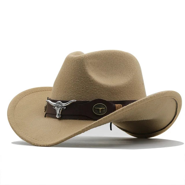 Western Roll Brim Cowboy Fedora Felt Hat with Cow Band for All Ages-Hats-Arimonz-camel-Kids 20-21in-Arimonz