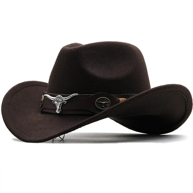 Western Roll Brim Cowboy Fedora Felt Hat with Cow Band for All Ages-Hats-Arimonz-coffee-Kids 20-21in-Arimonz