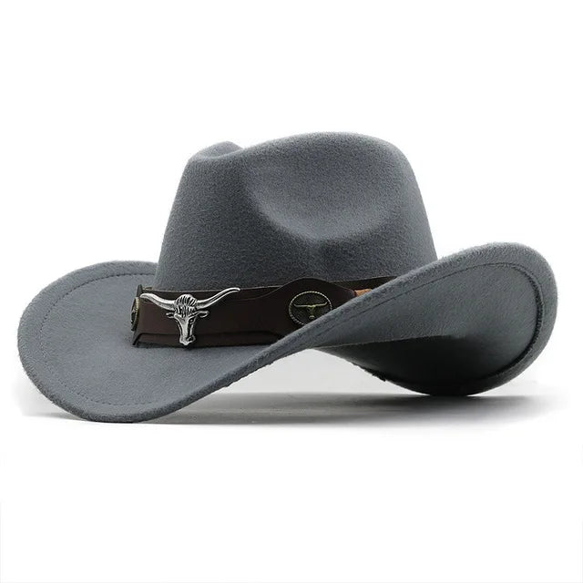Western Roll Brim Cowboy Fedora Felt Hat with Cow Band for All Ages-Hats-Arimonz-light grey-Adults 21-22in-Arimonz