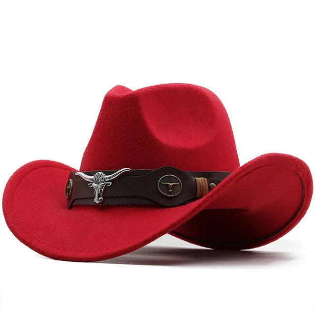 Western Roll Brim Cowboy Fedora Felt Hat with Cow Band for All Ages-Hats-Arimonz-Red-Kids 20-21in-Arimonz