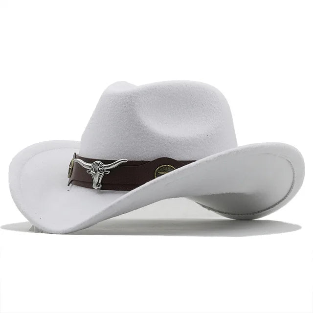 Western Roll Brim Cowboy Fedora Felt Hat with Cow Band for All Ages-Hats-Arimonz-white-Adults 21-22in-Arimonz