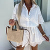White Casual Lapel Short Romper Lace Embroidered Hollow Shirt Jumpsuit-Casual Jumpsuits & Rompers-Arimonz-Arimonz