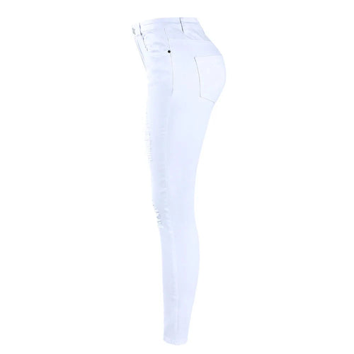 White Distressed Curvy Jeans Women Mid High Waist Stretch Denim Pants-Skinny Jeans-Arimonz-Arimonz