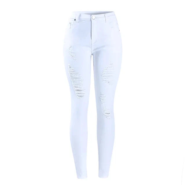 White Distressed Curvy Jeans Women Mid High Waist Stretch Denim Pants-Skinny Jeans-Arimonz-white-L-Arimonz