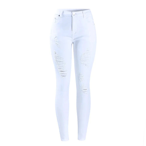 White Distressed Curvy Jeans Women Mid High Waist Stretch Denim Pants-Skinny Jeans-Arimonz-Arimonz