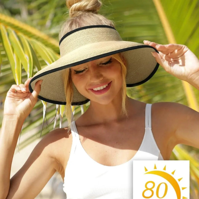 Wide Brim Beach Hat Foldable Straw Sun Visor Hat Ponytail Summer Hat-Summer Hats-Arimonz-Arimonz