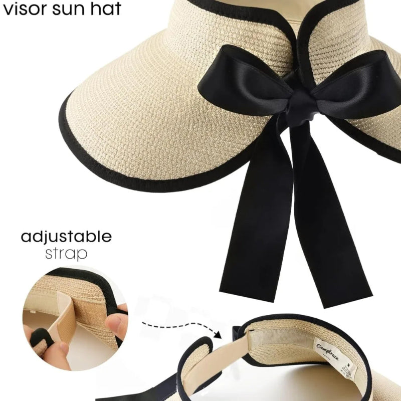 Wide Brim Beach Hat Foldable Straw Sun Visor Hat Ponytail Summer Hat-Summer Hats-Arimonz-Arimonz