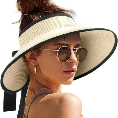 Wide Brim Beach Hat Foldable Straw Sun Visor Hat Ponytail Summer Hat-Summer Hats-Arimonz-Beige-One Size-Arimonz